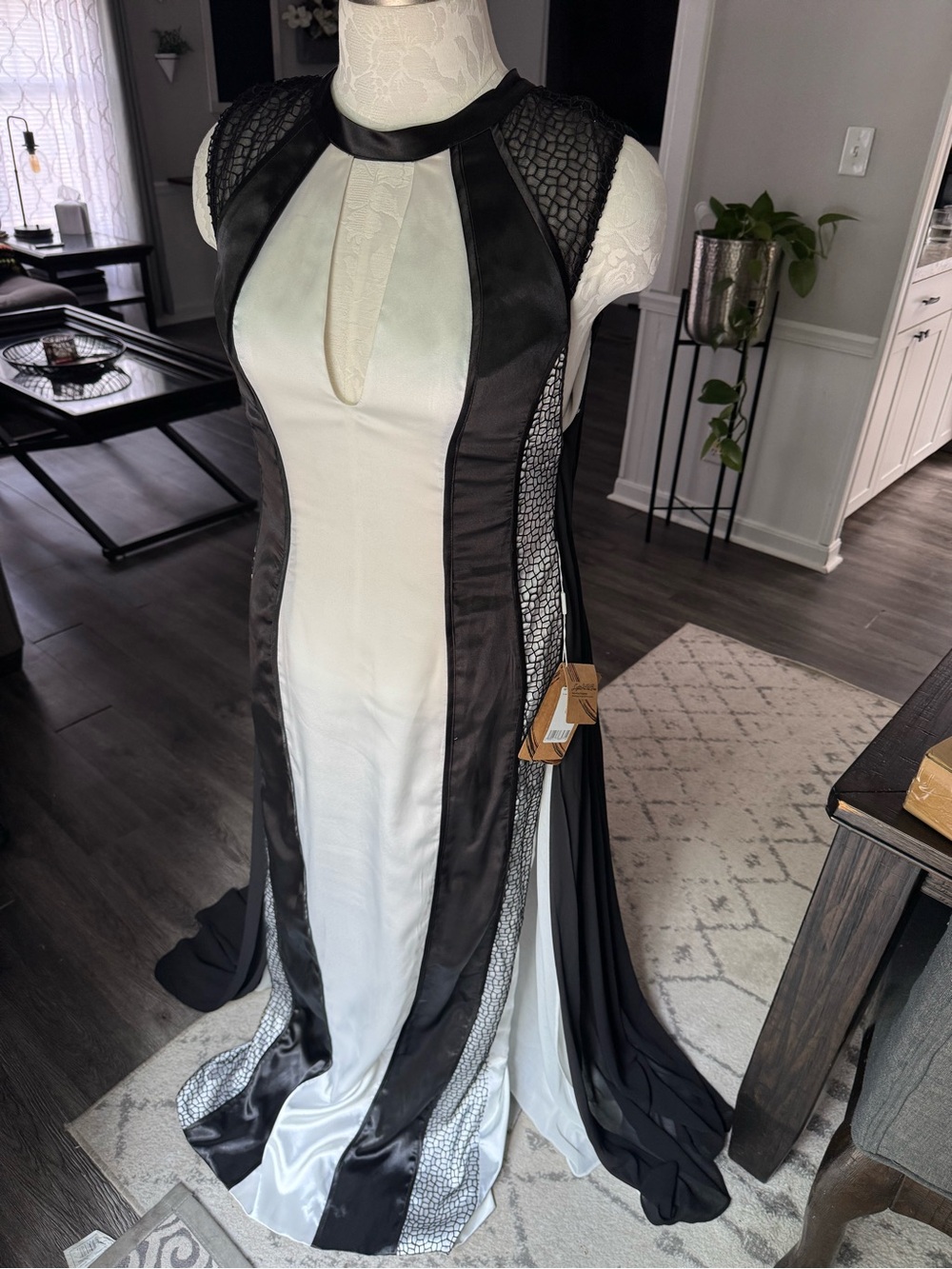Light In the Box Black and White Mesh Paneled Evening Gown with Keyhole Neckline